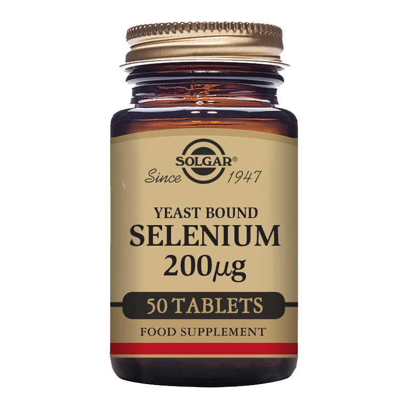 Solgar Yeast Bound Selenium 200 mcg Tablets in a glass bottle with a gold lid