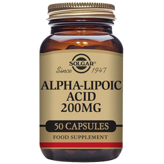 A glass bottle of Solgar Alpha-Lipoic Acid 200 mg vegetable capsules with 50 capsules inside