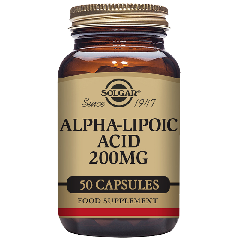 A glass bottle of Solgar Alpha-Lipoic Acid 200 mg vegetable capsules with 50 capsules inside
