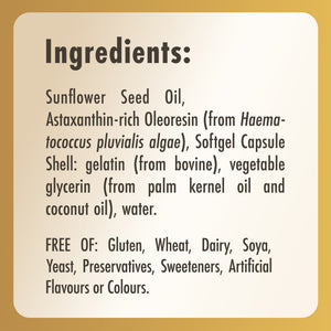 Ingredients label for a Solgar Astaxanthin 5 mg supplement glass bottle