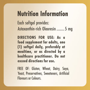 Nutrition information label for a Solgar Astaxanthin 5 mg supplement glass bottle