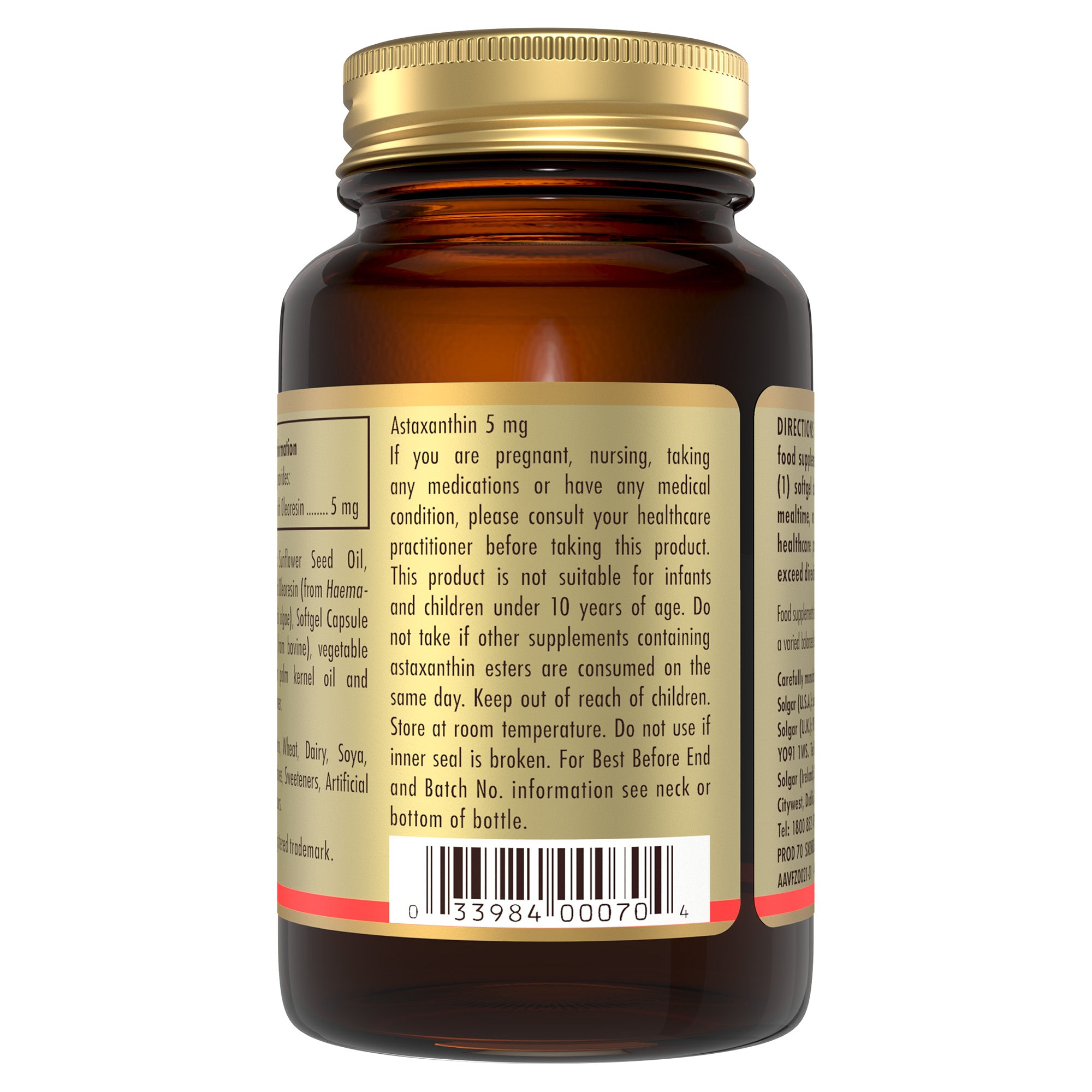 Back view of a Solgar Astaxanthin 5 mg supplement glass bottle containing product information