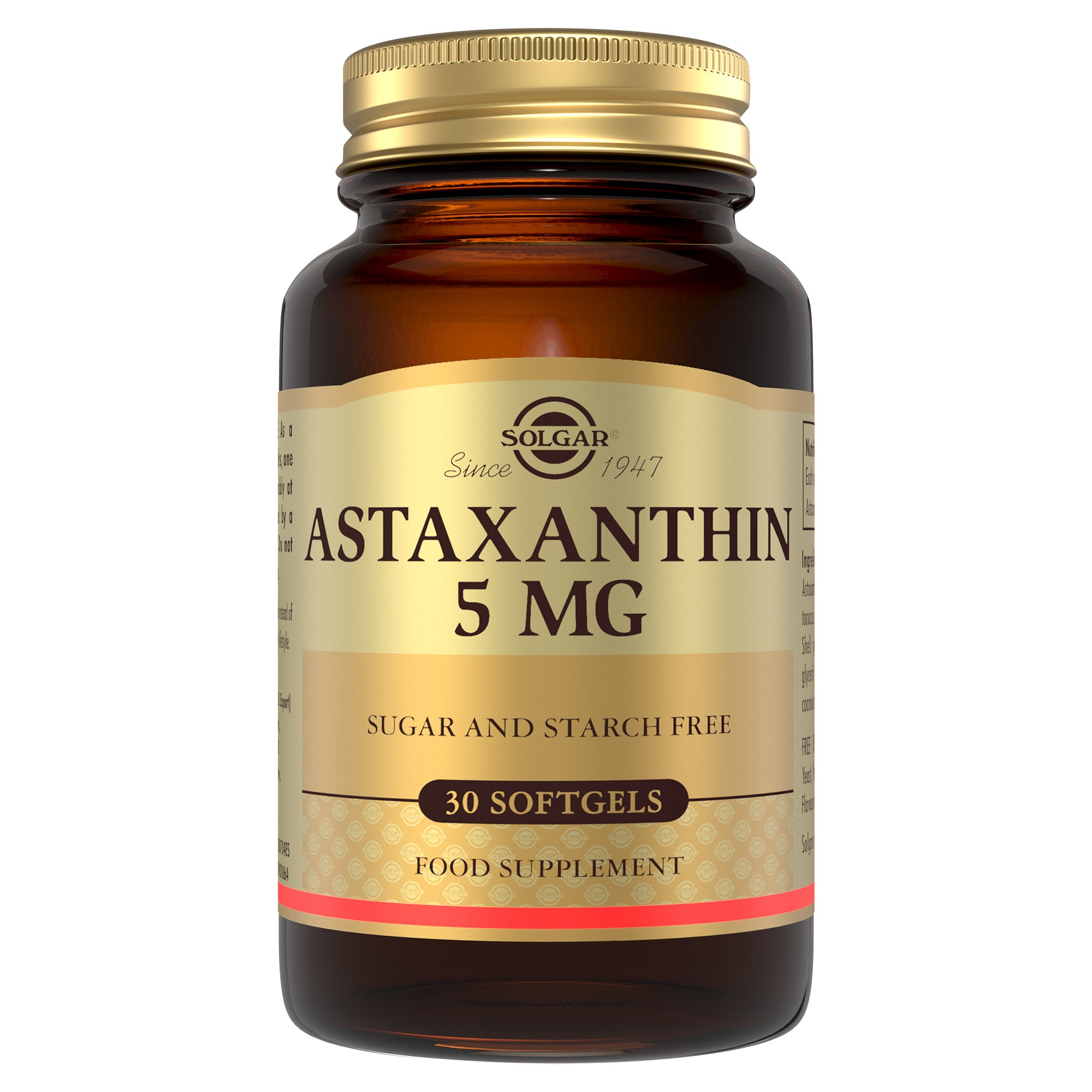 Solgar Astaxanthin 5 mg supplement glass bottle with a gold lid