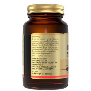 Side view of a Solgar Biotin supplement bottle with product information