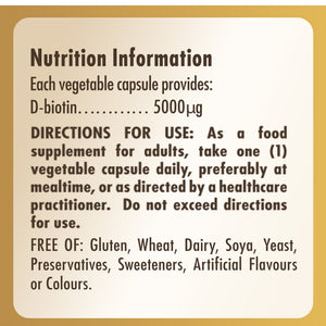 Nutrition information label for a Solgar Biotin supplement bottle
