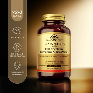 Solgar Brain Works with Full Spectrum Curcumin Capsules in a glass jar with a gold lid