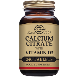 Solgar Calcium Citrate with Vitamin D3 Tablets in a glass jar with a gold lid
