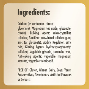 Ingredients list label for a Solgar Calcium Magnesium Plus Zinc supplement bottle