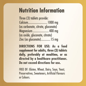 Nutrition information label for a Solgar Calcium Magnesium Plus Zinc supplement bottle