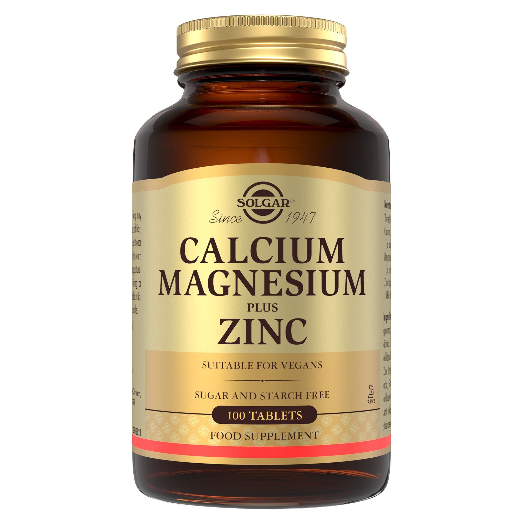 Solgar Calcium Magnesium Plus Zinc supplements in a glass bottle with a gold lid