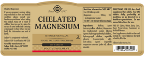 Product label with ingredients and nutrition information for a Solgar Chelated Magnesium supplement bottle