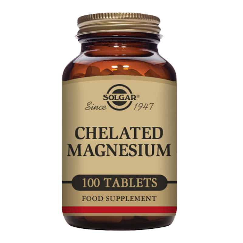 Solgar Chelated Magnesium supplements in a glass jar with a gold lid