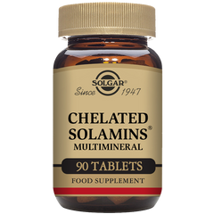 A glass bottle of 90 Solgar Chelated Solamins Multimineral Tablets with a gold lid