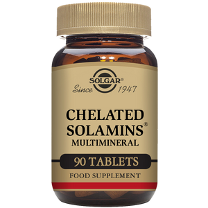 A glass bottle of 90 Solgar Chelated Solamins Multimineral Tablets with a gold lid