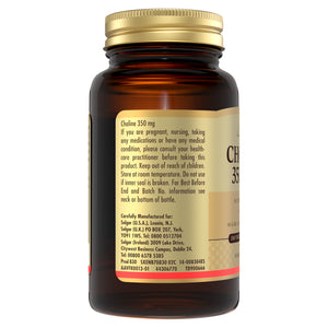 Side view of a Solgar Choline 350 MG capsule bottle containing product information