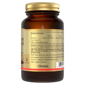 Nutrition information label on a bottle of Solgar Chromium Picolinate supplements