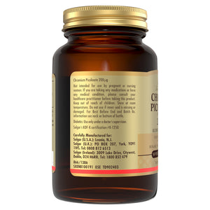 Side view of a Solgar Chromium Picolinate supplement bottle containing product information