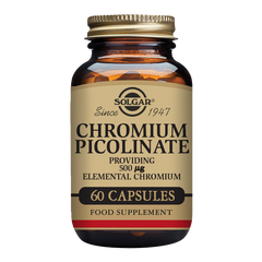 Solgar Chromium Picolinate capsules in a glass bottle with a gold lid