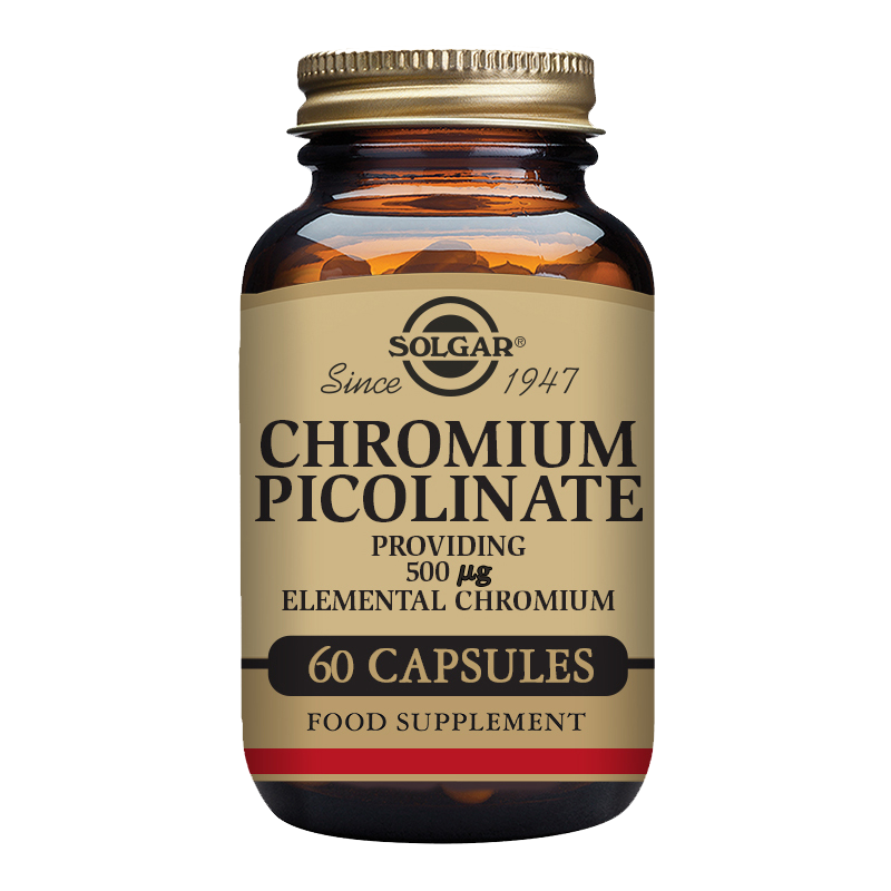 Solgar Chromium Picolinate capsules in a glass bottle with a gold lid