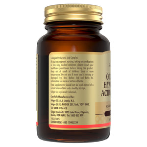 Side view of a glass bottle of Solgar Collagen Hyaluronic Acid Complex supplements