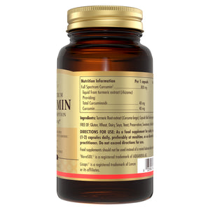 Side view of a Solgar Full Spectrum Curcumin capsule glass bottle containing nutrition information