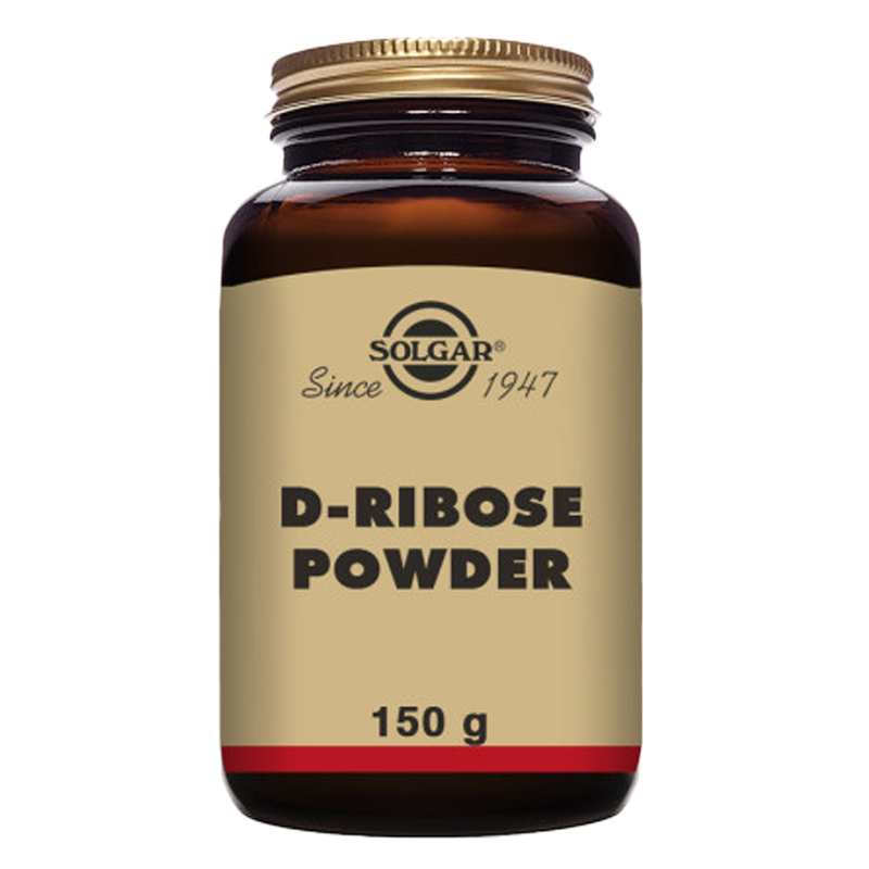 Solgar D-Ribose Powder in a glass bottle with a gold lid
