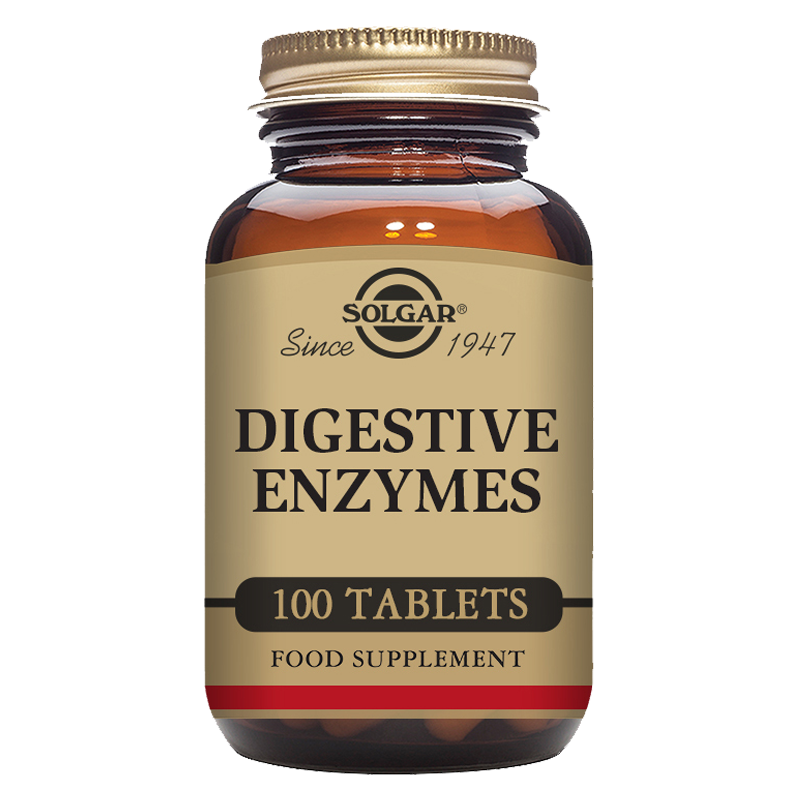 Solgar Digestive Enzymes Tablets in a glass bottle with a gold lid