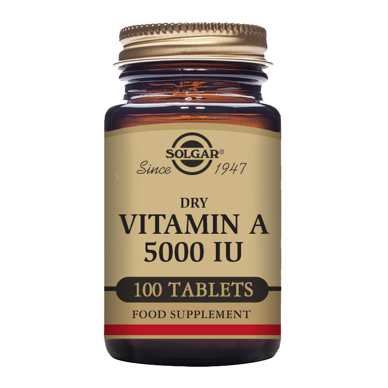 xGlass bottle of Solgar Dry Vitamin A 5000 IU supplements with a gold lid