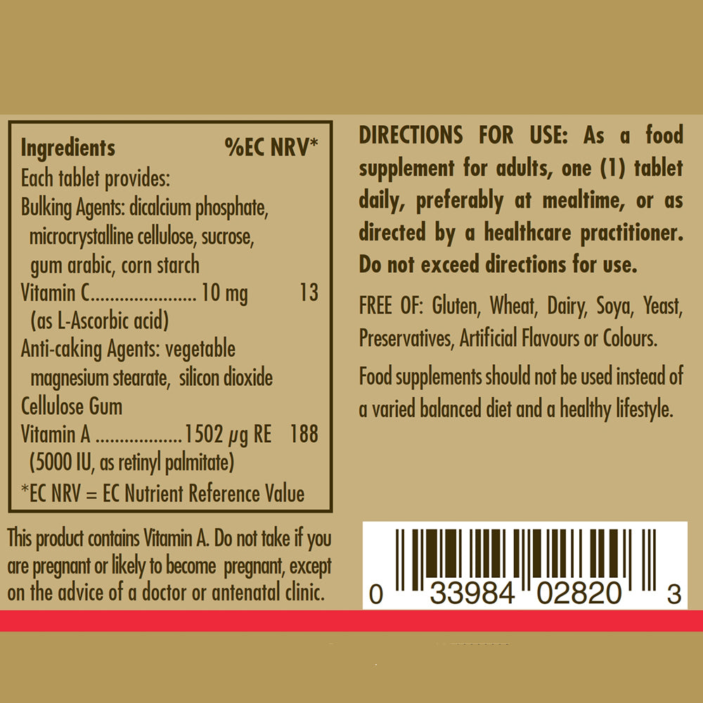 Ingredients and directions for use label for a bottle of Solgar Dry Vitamin A 5000 IU supplements