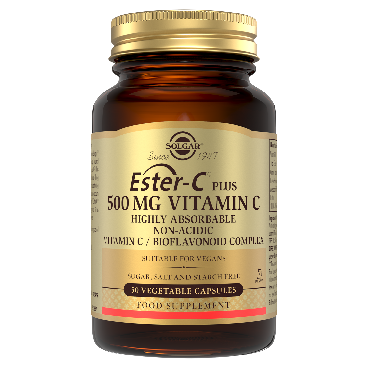 Glass bottle of Solgar Ester-C Plus 500 mg Vitamin C with a gold lid
