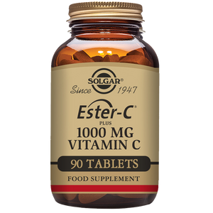 Solgar ester c vitamin c tablets in a glass jar
