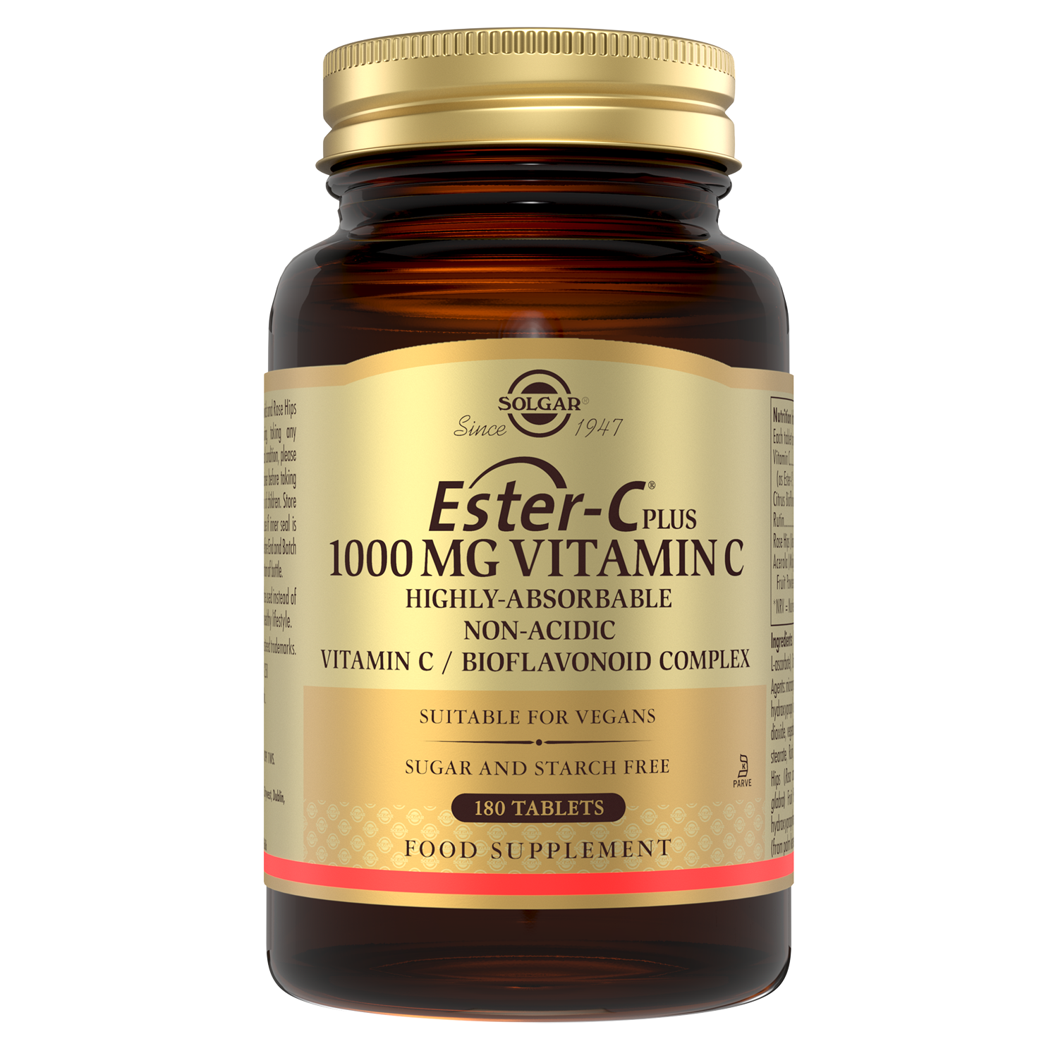Solgar ester c vitamin c tablets in a glass jar with a gold lid