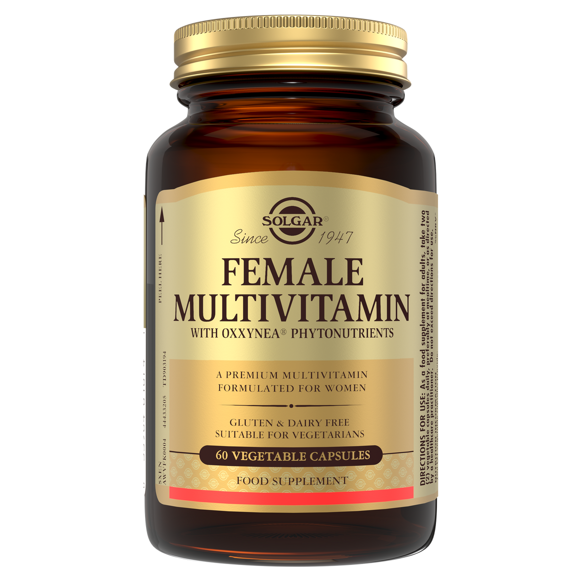 Solgar Female Multivitamin supplements in a glass bottle with a gold lid