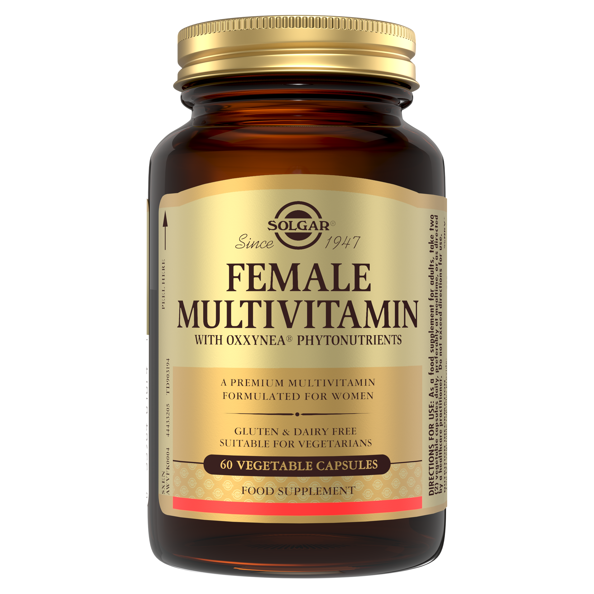 Solgar Female Multivitamin supplements in a glass bottle with a gold lid