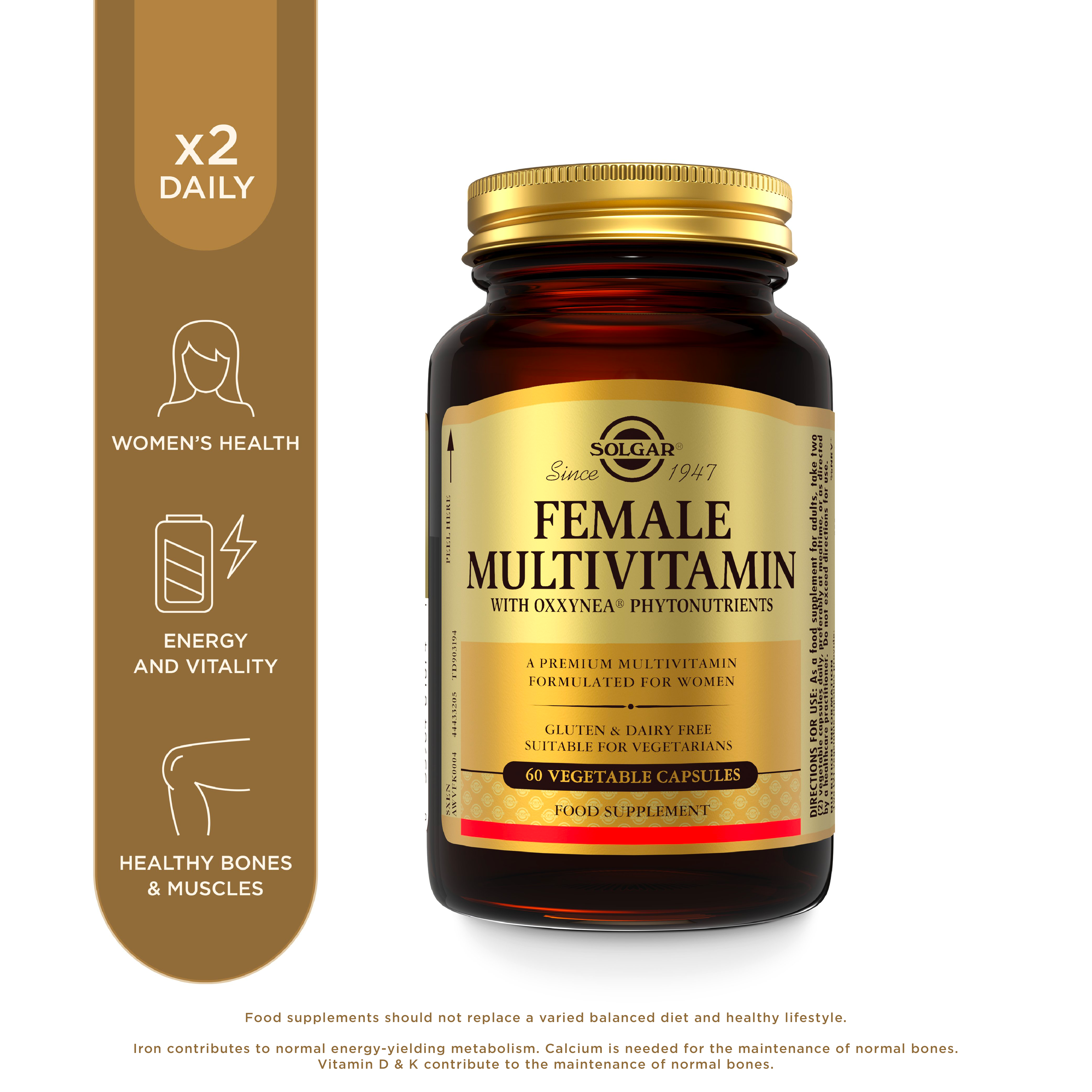 Solgar Female Multivitamin supplements in a glass bottle with some product information beside it