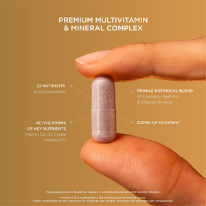 Solgar Female Multivitamin supplement in a person's hand with some product information