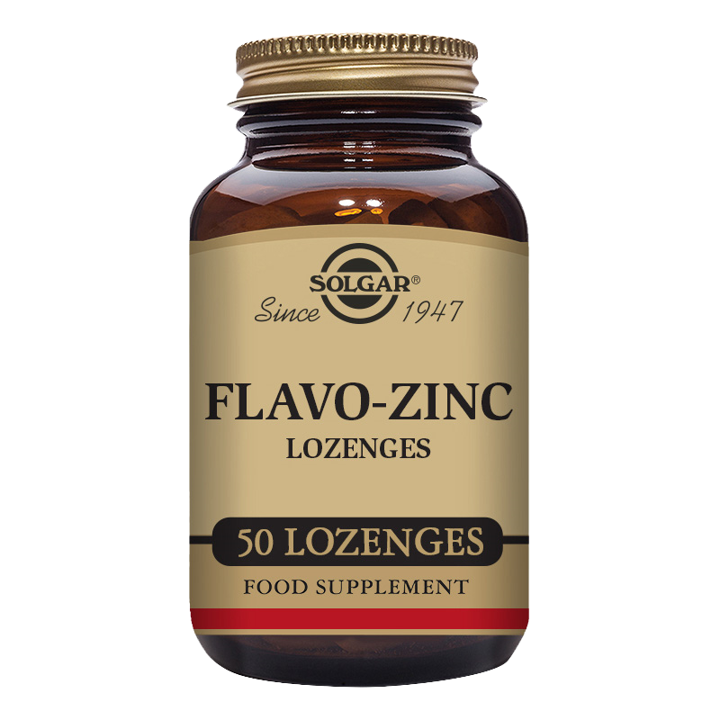 A glass bottle of Solgar Flavo-Zinc Lozenges, containing 50 lozenges