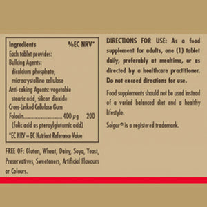 Ingredients list for the Solgar Folacin (folic acid) tablets