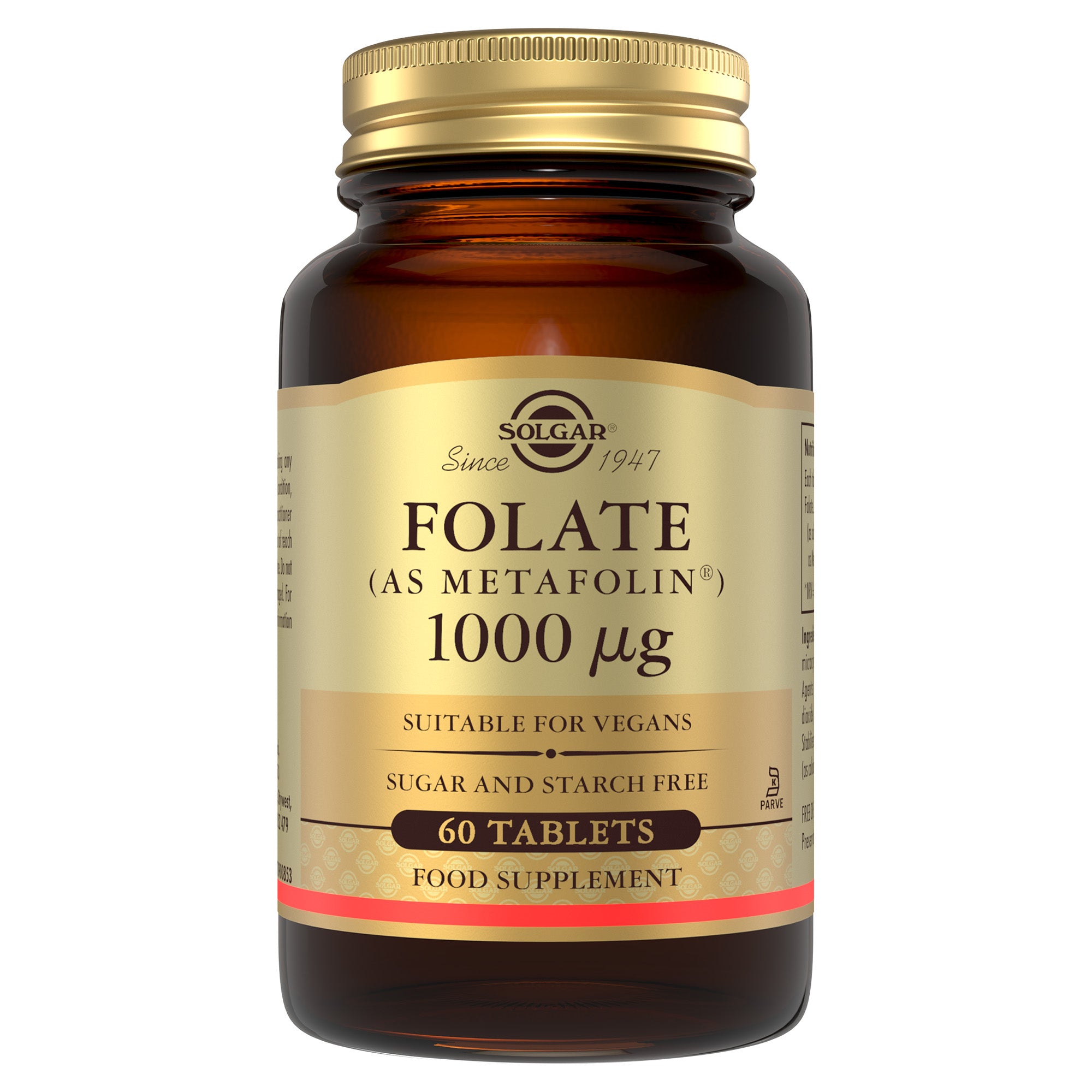 Solgar Folate supplements in a glass bottle with a gold lid