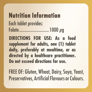 Nutrition information label for a Solgar Folate supplement bottle