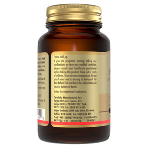 Side view of a Solgar Folate 400ug supplements bottle