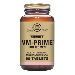 Solgar VM-Prime for Women multivitamin tablets in a glass bottle with a gold lid