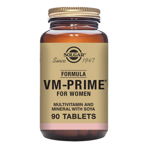 Solgar VM-Prime for Women multivitamin tablets in a glass bottle with a gold lid