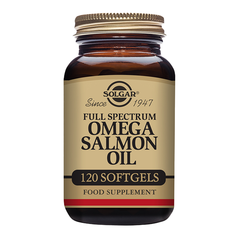Solgar Full Spectrum Omega Salmon Oil supplements in a glass bottle with a gold lid
