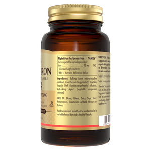 Nutrition information label on a bottle of Solgar Gentle Iron supplements