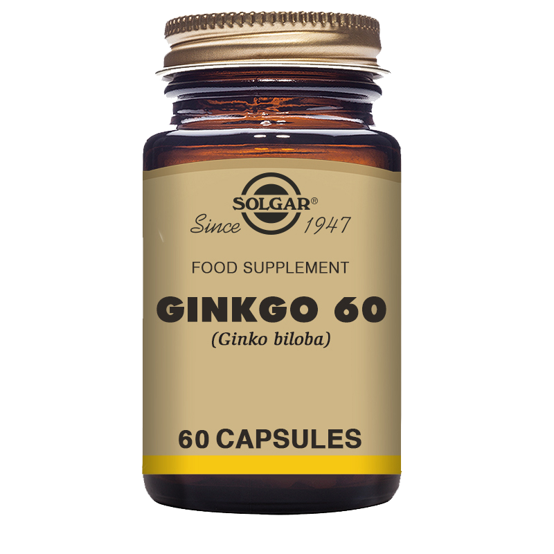 A glass bottle of Solgar Ginkgo 60 vegetable capsules containing 60 capsules