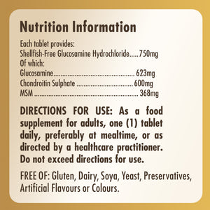 Nutrition information for a Solgar Extra Strength Glucosamine Chondroitin MSM supplement bottle