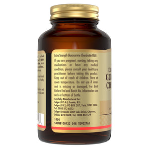Side view of a Solgar Extra Strength Glucosamine Chondroitin MSM supplement glass bottle