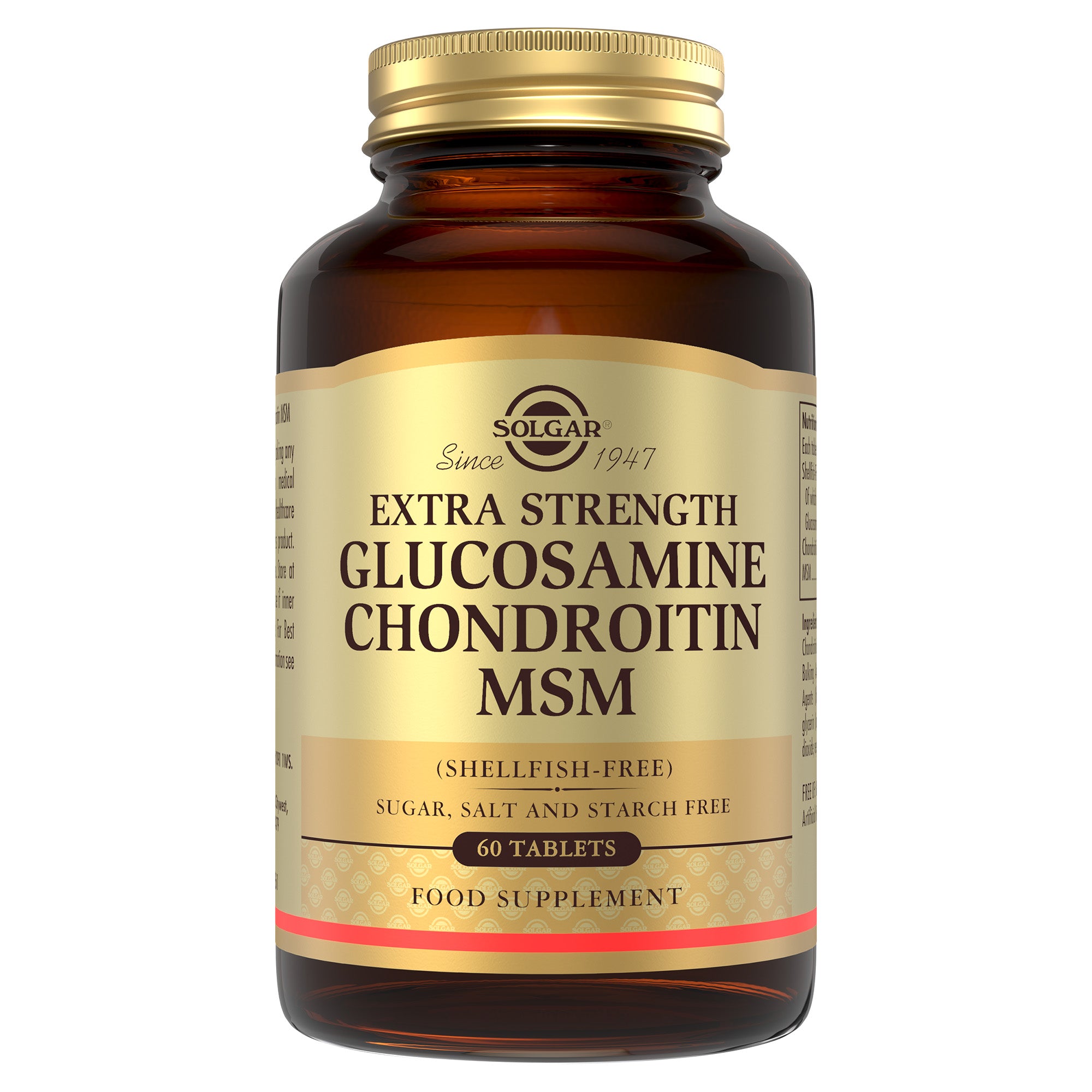 Glass bottle of Solgar Extra Strength Glucosamine Chondroitin MSM supplement with a gold lid