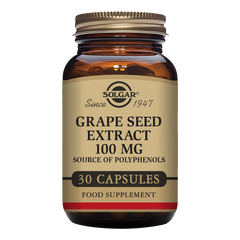 A glass bottle of Solgar Grape Seed Extract 100 mg with 30 vegetable capsules.